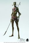  2009 a_princess_of_mars alien concept_art english_text female flat_chested green_martian hi_res melee_weapon michael_kutsche multi_limb polearm simple_background slim solo spear standing text thark tribal tusks weapon 