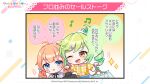  2girls ahoge akiru_kamira beamed_eighth_notes beamed_sixteenth_notes blue_eyes blush chibi commentary_request dress eighth_note fang green_hair hair_ornament hair_scrunchie hairclip holding low_twintails motosu_towa multiple_girls musical_note official_art one_eye_closed open_mouth plaid_clothes plaid_dress scrunchie second-party_source shirt smile sparkle spoken_musical_note star_(symbol) star_hair_ornament sweater_vest translation_request twintails virtual_youtuber world_dai_star 