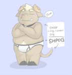  2012 anthro belly blush bovid bulge canid canine canis caprine clothing domestic_dog domestic_pig eyes_closed humanoid_hands hybrid male mammal navel overweight overweight_male pupperoo sheep simple_background solo suid suina sus_(pig) text underwear wild_boar 