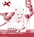  1girl ? aircraft airplane artist_name barefoot commentary_request horns kantai_collection long_hair materia_(0405) northern_ocean_hime ocean pale_skin shinkaisei-kan smile solo teeth thighs white_hair white_skin 