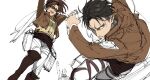  1girl 2boys 35ohama_yu arms_behind_head black_hair boots breasts brown_boots brown_hair brown_jacket commentary cropped_jacket dual_wielding erwin_smith feet_out_of_frame furrowed_brow glasses hand_up hange_zoe highres holding holding_weapon jacket levi_(shingeki_no_kyojin) medium_breasts medium_hair multiple_boys open_mouth panties parted_bangs ponytail shingeki_no_kyojin shirt short_hair sketch smile symbol-only_commentary underwear weapon white_background white_panties yellow_shirt 