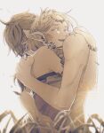  1boy 1girl arm_around_back armlet bare_shoulders bracelet braid circle closed_eyes commentary_request couple crown_braid crying dress earrings grass hair_between_eyes happy_tears hetero highres hug jewelry link open_mouth outdoors parted_bangs pointy_ears princess_zelda short_hair sidelocks smile strapless strapless_dress tears the_legend_of_zelda the_legend_of_zelda:_tears_of_the_kingdom topless_female upper_body white_background yuki_sasame00 