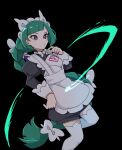  1girl apron ayaka_488 black_background black_romper blunt_bangs bow bowtie braid braided_ponytail brown_eyes commentary_request green_hair highres juliet_sleeves lebanne_(pokemon) long_braid long_hair long_sleeves looking_to_the_side maid_apron maid_headdress mega_stone pokemon pokemon_legends:_z-a puffy_sleeves romper simple_background solo standing thighhighs upper_body white_bow white_bowtie white_thighhighs 