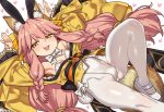  1girl absurdres animal_ear_fluff animal_ears armpits arms_up blush bow bow_choker choker criss-cross_halter dutch_angle ebora extra_ears fake_animal_ears fang fate/samurai_remnant fate_(series) fox_ears fox_girl fox_ornament fox_tail frilled_sleeves frills hair_bow halterneck highres japanese_clothes kimono knee_up leotard long_hair long_sidelocks looking_at_viewer obi open_mouth pantyhose pink_hair playboy_bunny rabbit_ears rabbit_pose sash shoes short_eyebrows sidelocks simple_background smirk solo tail tamamo_aria_(fate) very_long_hair white_background white_bow white_leotard white_pantyhose white_shoes wide_sleeves yellow_eyes yellow_kimono 