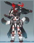  2022 ambiguous_gender anthro antlers black_body black_fur clothing fur gun hair hi_res holographic horn machine_gun military_uniform ranged_weapon red_hair roawayart science_fiction simple_background uniform venitavi weapon white_body white_fur 