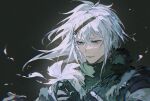  1boy arm_up bishounen black_background black_gloves black_shirt blue_eyes crow0cc eyelashes film_grain flower gloves highres holding holding_flower looking_at_viewer looking_down male_focus medium_hair nier nier_(brother) nier_(series) shirt solo white_flower white_hair 
