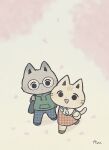  1boy 1girl :d animal_ears ayu_(mog) bag black-framed_eyewear blue_pants blue_shoes brown_shoes cat_boy cat_ears cat_girl cat_tail chibi chibi_only closed_mouth collared_shirt commentary_request dot_mouth drawstring dress english_commentary full_body furry furry_female furry_male glasses green_hoodie hood hood_down hoodie long_sleeves mixed-language_commentary open_mouth orange_dress original pants pinafore_dress plaid_clothes plaid_dress romaji_commentary round_eyewear shirt shoes signature sleeveless sleeveless_dress smile solid_circle_eyes standing tail unmoving_pattern white_shirt 