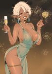  ^_^ absurdres aerial_fireworks alcohol aqua_dress artist_name bracelet breasts champagne champagne_flute choker cleavage closed_eyes commentary cowboy_shot cup dress drinking_glass earrings english_commentary facial_mark fireworks gradient_background grin groin halter_dress halterneck highres holding holding_cup holding_fireworks jewelry large_breasts multiple_earrings original plunging_neckline pointy_ears rune_(yiiande) shiny_skin short_hair side_slit sideboob smile tan tassel tassel_earrings thigh_strap white_hair yiiande 