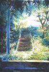  commentary_request day foliage looking_back no_humans original outdoors painting_(medium) scenery stairs traditional_media tree waka_miso watercolor_(medium) 