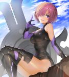  1girl absurdres black_gloves blue_sky breasts cloud day elbow_gloves eyebrows_visible_through_hair fate/grand_order fate_(series) gloves hair_over_one_eye hand_up highres large_breasts mash_kyrielight open_mouth pink_hair purple_eyes purple_gloves shield short_hair sitting sky smile solo teeth thighs two-tone_gloves upper_teeth yuu_kisetu_bi 