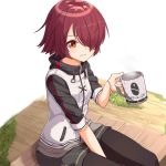  1girl ame. arknights bangs bench between_legs black_legwear black_skirt blush brown_eyes brown_hair commentary_request cup exusiai_(arknights) eyebrows_behind_hair hair_over_one_eye hand_between_legs highres holding holding_cup jacket looking_at_viewer mug on_bench pantyhose parted_lips short_sleeves sitting sitting_on_bench skirt smile solo white_background white_jacket 