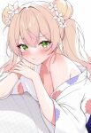  1girl armpit_crease beaterpx blonde_hair blush breasts cleavage closed_mouth commentary crossed_bangs double_bun floral_print flower gradient_hair green_eyes hair_bun hair_flower hair_ornament hand_on_own_cheek hand_on_own_face hand_on_own_wrist hashtag-only_commentary highres hololive japanese_clothes kimono long_hair looking_at_viewer lying momosuzu_nene momosuzu_nene_(new_year) multicolored_hair off_shoulder official_alternate_costume pink_hair pout shoulder_blush simple_background single_off_shoulder solo sweat symbol-only_commentary twintails two_side_up virtual_youtuber white_background white_flower white_kimono 