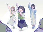  3girls :d ^_^ adapted_costume arm_up black_hair black_skirt blue_cardigan blue_socks blunt_bangs blunt_ends bob_cut bow braid brown_hair cardigan child clenched_hand closed_eyes collared_shirt commentary_request dancing dress dress_shirt earrings family flying_sweatdrops gonzales_(love_live!) green_eyes green_socks green_sweater_vest hair_bow half-closed_eyes highres hood hoodie if_they_mated jewelry kachimachi_kosuzu kachimachi_kosuzu_(summer_loungewear) leg_up link!_like!_love_live! long_dress long_skirt long_sleeves love_live! medium_hair momose_ginko momose_ginko_(summer_loungewear) mother_and_daughter multiple_girls no_shoes open_mouth pink_eyes pipi_(m1x_mix) print_hoodie science_babies shirt short_eyebrows side_braid single_off_shoulder skirt sleeveless sleeveless_dress smile socks sparkle stud_earrings stuffed_animal stuffed_bird stuffed_dinosaur stuffed_toy sweater_vest thick_eyebrows triceratops tsuru_(love_live!) untucked_shirt virtual_youtuber white_dress white_shirt white_skirt wife_and_wife yellow_hoodie 