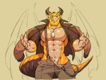  4:3 abs cheshirebacon dragon hi_res horn male muscular muscular_male ophion pecs scales suspenders tokyo_afterschool_summoners video_games yellow_body yellow_scales 