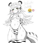  1girl :3 anger_vein animal_ears animal_print arms_behind_back bikini blush breasts commentary crying_emoji emoji english_commentary fang green_eyes greyscale highleg highleg_bikini highres ju_fufu kunitoro_(artist) long_hair meme micro_bikini monochrome navel pear-shaped_figure petite small_breasts smile solo spot_color sweat swimsuit tail thigh_gap thighs tiger_ears tiger_girl tiger_print tiger_tail underboob uohhhhhhhhh!_(meme) wide_hips zenless_zone_zero 