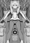  1girl a1_(initial-g) commentary_request earrings expressionless frieren gloves greyscale gundam gundam_gquuuuuux highres jewelry mecha_pilot_suit monochrome normal_suit_(gundam) parody pointy_ears shaded_face sitting solo sousou_no_frieren teardrop_earrings thick_eyebrows twintails 