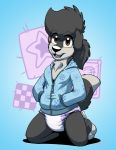  2018 animate_inanimate anthro black_body black_fur black_nose blankieplush brown_eyes canid canine chest_tuft clothing diaper female fur hi_res hoodie living_plushie looking_at_viewer mammal open_mouth plushie solo teeth tongue topwear tuft young zipper 