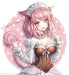  1girl animal_ears bangs bare_shoulders blush breasts cat_ears cat_tail cleavage collar corset detached_sleeves eyebrows_visible_through_hair facial_mark fang final_fantasy final_fantasy_xiv highres looking_at_viewer maid_headdress medium_breasts mii@chiffonx miqo&#039;te open_mouth pink_eyes pink_hair short_hair slit_pupils solo swept_bangs tail whisker_markings wrist_cuffs yu_ni_t 