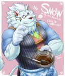  5_fingers anthro candy chocolate clothing english_text eyewear felid fingers food fur gloves green_eyes hair handwear lion male mammal mane mane_hair monocle muscular muscular_male necktie pantherine signature snow_(tas) text tokyo_afterschool_summoners topwear video_games white_body white_fur xigma 