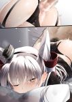  1boy 1girl absurdres amatsukaze_(kantai_collection) ass bangs black_panties blush bow bow_panties boy_on_top breasts brown_dress censored clothed_female_nude_male clothed_sex commentary_request dress face_in_pillow hair_tubes heart heart-shaped_pupils hetero highres kantai_collection long_hair looking_at_viewer lying mosaic_censoring motion_lines nude on_bed on_stomach one_eye_closed panties panties_aside penis prone_bone pubic_hair pussy sailor_dress sex silver_hair skindentation smokestack_hair_ornament solo_focus sweat sweatdrop symbol-shaped_pupils two_side_up underwear vaginal wet zetsuriinu_(kairyougata) 