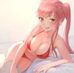  1girl bangs bare_shoulders blush bra breasts cleavage closed_mouth collarbone fate/grand_order fate_(series) gradient gradient_background heart kojirou_musashi large_breasts long_hair looking_at_viewer medb_(fate)_(all) medb_(fate/grand_order) navel panties pink_hair red_bra red_panties smile solo swept_bangs thighhighs thighs tongue tongue_out twintails underwear white_legwear yellow_eyes 