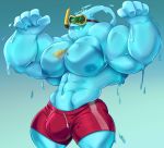  2019 abs big_muscles blue_body bulge clothing demondragoncyan fish gasaiv goo_creature hi_res huge_muscles humanoid league_of_legends male marine muscular muscular_male nipples open_mouth pecs red_clothing riot_games simple_background snorkel solo standing swimming_trunks swimwear video_games zac_(lol) 