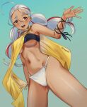  1girl ahoge amoru_(towa_no_yuugure) aona_(anagasaki) bandeau black_bandeau blush braid breasts capelet cowboy_shot dark-skinned_female dark_skin green_background grey_hair hair_between_eyes highres large_breasts loincloth long_hair looking_at_viewer low_twin_braids multicolored_hair navel open_mouth orange_eyes panties red_hair shoes simple_background smile solo standing streaked_hair thighs towa_no_yuugure twin_braids two-tone_hair underboob underwear very_long_hair white_loincloth white_panties yellow_capelet 