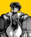  1girl ben-day_dots blue_archive breasts butterfly_hair_ornament china_dress chinese_clothes closed_mouth coat collarbone commentary cross-laced_slit dated_commentary dot_mouth double_bun dress feet_out_of_frame gloves greyscale_with_colored_background hair_bun hair_ornament hair_over_one_eye halftone highres kisaki_(blue_archive) looking_at_viewer off_shoulder open_clothes open_coat otimusyairoha pelvic_curtain revealing_clothes screentones shanghai_neckline sideboob simple_background sitting small_breasts solo striped_coat thighs twitter_username vertical-striped_coat 