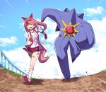  1girl 1other absurdres animal_ears bandaid bandaid_on_leg blue_sky bow buruma commentary crossover ear_bow ear_covers english_commentary fingerless_gloves full_body gem gloves haru_urara_(bestest_prize)_(umamusume) haru_urara_(umamusume) headband highres hinghoi horse_ears horse_girl horse_tail jacket long_hair mega_pokemon mega_starmie meme pokemon pokemon_(creature) ponytail red_buruma red_gem red_gloves red_headband running running_ganger_(meme) running_towards_viewer shirt sky socks starfish starmie striped_clothes striped_socks tail umamusume white_jacket white_shirt 