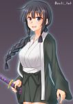  1girl alternate_costume anti_(untea9) bangs black_hair blunt_bangs braid commentary_request hakama hakama_skirt happi highres holding holding_sword holding_weapon japanese_clothes kantai_collection katana kitakami_(kantai_collection) long_hair looking_at_viewer open_mouth purple_eyes sheath sheathed sidelocks single_braid smile solo sword twitter_username weapon 