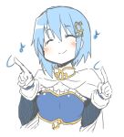  1girl armband blue_hair cape closed_eyes commentary_request fortissimo gloves hair_ornament hairclip magical_girl mahou_shoujo_madoka_magica mahou_shoujo_madoka_magica:_hangyaku_no_monogatari miki_sayaka miki_sayaka_(magical_girl) musical_note musical_note_hair_ornament photoshop_(medium) pikachi short_hair solo textless_version 