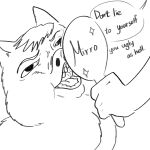 1:1 2025 ambiguous_gender ambiguous_human chest_tuft dialogue digital_media_(artwork) duo english_text feral fluffy_pony fluffy_pony_(species) hand_mirror hi_res holding_mirror holding_object human insult male male_feral mammal mirror monochrome open_mouth profanity squish teeth text tuft yellowcottoncandy030