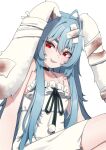  1girl :d ahoge animal_ears black_choker black_ribbon blue_hair choker commentary double-parted_bangs dress english_commentary hair_between_eyes highres indie_virtual_youtuber long_hair lop_rabbit_ears open_mouth para_(1st_costume)_(vtuber) para_(vtuber) pom_pom_(clothes) rabbit_ears rabbit_girl red_eyes ribbon sharp_teeth sidelocks sitting smile solo spaghetti_strap teeth thick_eyebrows valefal_coneri very_long_hair virtual_youtuber white_background white_dress 