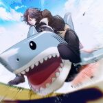  1boy black_gloves black_hair black_jacket black_pants blue_sky cloud cloudy_sky gloves highres jacket on_scooter pants real_life rnyo shark_scooter signature sky yonezu_kenshi_(person) 