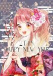  1girl 2019 back_bow blunt_bangs bow braid branch brown_eyes carnation cherry_blossoms colored_tips cowboy_shot crown_braid dot_nose english_text eyelashes fan_print floral_print flower fur_scarf grey_background hair_flower hair_ornament happy happy_new_year holding holding_branch ichi_kotoko japanese_clothes kimono large_bow light_blush long_hair long_sidelocks miracle_nikki multicolored_hair new_year nikki_(nikki) nikki_(series) obi official_art open_mouth pink_flower pink_hair print_bow print_kimono purple_bow purple_sash red_kimono sash scarf side_ponytail sidelocks smile solo tareme teeth third-party_source upper_teeth_only wavy_hair white_scarf yukata 