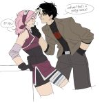  1boy 1girl bat_signal batman_(series) batman_symbol black_bodysuit black_hair blue_eyes blush bodysuit breasts crossover dc_comics forehead_protector gloves green_eyes hairband haruno_sakura hetero highres jacket jason_todd male_focus muscular muscular_male naruto_(series) naruto_shippuuden open_clothes open_mouth pink_hair red_hood_and_the_outlaws short_hair smile yomyuwu 