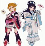 2girls black_hair black_kimono blue_nails blue_sash cure_black cure_white dress earrings fingernails frilled_dress frilled_gloves frilled_kimono frilled_skirt frilled_sleeves frills futari_wa_precure gloves hair_ribbon hakusai_(tiahszld) heart heart_earrings high_heels japanese_clothes jewelry kimono legs light_smile long_dress long_hair long_sleeves mepple mipple misumi_nagisa multiple_girls orange_eyes orange_hair platform_heels platform_shoes pouch precure purple_eyes red_sash ribbon sash short_hair simple_background skirt smile socks tomboy white_background white_kimono white_ribbon white_socks yukishiro_honoka 