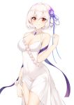  1girl absurdres alternate_costume azur_lane bangs blush breasts bride cleavage collarbone commentary_request covered_navel dress eyebrows_visible_through_hair flower hair_between_eyes hair_flower hair_ornament hand_up highres looking_at_viewer medium_breasts purple_flower red_eyes revision ribbon rose short_hair simple_background sirius_(azur_lane) sirius_(white_rose)_(azur_lane) solo standing tming white_background white_dress white_hair 