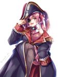  1girl breasts commentary_request crossed_legs eyepatch fang hair_between_eyes hat highres hololive houshou_marine looking_at_viewer military_jacket open_mouth pantyhose pirate_hat red_eyes red_hair simple_background solo twitter_username virtual_youtuber white_background 