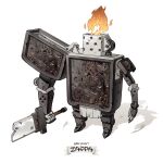  broken broken_sword broken_weapon character_name english_text engraved fire full_body holding holding_sword holding_weapon knight lighter mante_(qt_mantis) original robot shadow standing sword weapon white_background white_loincloth zippo_lighter 
