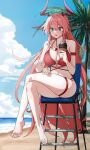 1girl absurdres bare_shoulders barefoot beach bikini blue_eyes blue_sky blush breasts chair chaos_(dungeon_and_fighter) cleavage cloud coconut_tree collarbone criss-cross_straps crossed_legs day demon_girl demon_horns dungeon_and_fighter feet food food_on_thigh full_body furrowed_brow green_eyes hair_between_eyes hair_intakes hand_up head_wings heterochromia highres holding holding_food holding_ice_cream horns ice_cream knight_(dungeon_and_fighter) korean_commentary large_breasts legs long_hair looking_ahead multicolored_horns navel o-ring o-ring_bikini on_chair open_mouth outdoors palm_tree pink_hair red_bikini roan_green sidelocks sitting sky solo stomach sunlight swimsuit tearing_up thigh_strap thighs toes tree two-tone_horns underboob very_long_hair whistle whistle_around_neck wings 