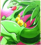  025aki blue_eyes breasts busty_feral claws featureless_breasts featureless_crotch female feral glistening glistening_body glistening_skin green_body green_claws green_skin hi_res looking_at_viewer nintendo pok&eacute;mon pok&eacute;mon_(species) reptile scalie sceptile simple_background smile smooth_skin solo thick_tail thick_thighs traditional_media_(artwork) video_games yellow_sclera 