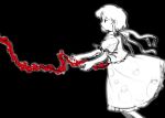 1girl black_background ebisu_eika feet_out_of_frame frilled_shirt frilled_skirt frills from_side holding holding_ribbon long_earlobes looking_ahead otogisum3 puffy_short_sleeves puffy_sleeves red_ribbon ribbon shirt short_hair short_sleeves skirt sleeve_ribbon spot_color touhou umbilical_cord 