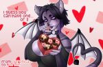 alternative_fashion anthro bat big_breasts box_of_chocolates breasts candy chocolate chrysanthemummy dessert ear_piercing emo female food fur goth hair hi_res holidays makeup mammal markings multicolored_body multicolored_fur multicolored_hair piercing purple_eyes running_makeup shy solo stripes tail tail_markings tsundere valentine's_day valentine's_day_card wings