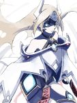  1girl backless_outfit bare_shoulders blazblue blonde_hair blue_eyes breasts cape cloak forehead_protector glowing glowing_eye glowing_eyes headgear long_hair looking_at_viewer mecha_musume mu-12 navel noel_vermillion revealing_clothes sk_(ryolove) solo thighhighs white_background 