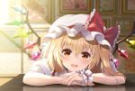  1girl :d bangs banned_artist blonde_hair blurry blurry_background blush bow commentary_request crystal day eyebrows_visible_through_hair flandre_scarlet frilled_bow frilled_shirt_collar frills hair_between_eyes hat hat_bow indoors light_rays looking_at_viewer medium_hair mob_cap one_side_up open_mouth painting_(object) puffy_short_sleeves puffy_sleeves red_bow red_eyes reflection shadow shirt short_sleeves smile solo sunlight touhou white_headwear white_shirt window_shade wings wrist_cuffs yuuka_nonoko 