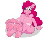  5_toes anthro barefoot big_breasts blush bodily_fluids breasts feet female foot_focus friendship_is_magic hair hi_res humanoid_feet my_little_pony nipples nude pinkie_pie_(mlp) simple_background soles solo sweat tinydevilhorns toes 