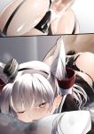  1boy 1girl absurdres amatsukaze_(kantai_collection) ass bangs black_panties blush bow bow_panties boy_on_top breasts brown_dress brown_eyes censored clothed_female_nude_male clothed_sex commentary_request cum cum_in_pussy dress ejaculation face_in_pillow female_orgasm garter_straps hair_tubes heart heart-shaped_pupils hetero highres kantai_collection long_hair looking_at_viewer lying mosaic_censoring motion_lines nude on_bed on_stomach open_mouth orgasm overflow panties panties_aside penis pillow prone_bone pubic_hair pussy pussy_juice sailor_dress sex silver_hair skindentation smokestack_hair_ornament solo_focus sweat sweatdrop symbol-shaped_pupils two_side_up underwear vaginal wet zetsuriinu_(kairyougata) 