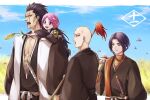  1046sstep_btoh 1girl 3boys ayasegawa_yumichika bald black_hair bleach bleach:_sennen_kessen-hen blue_sky bone_hair_ornament braid commentary_request dragon eyeliner hair_ornament holding holding_plant holding_polearm holding_weapon houzukimaru_(shikai) kusajishi_yachiru long_hair madarame_ikkaku makeup multiple_boys open_mouth pink_eyes pink_hair plant polearm red_eyeliner sandals scar scar_across_eye scar_on_cheek scar_on_face scar_on_mouth shihakusho short_hair side_braid size_difference sky socks sword turtleneck watermark weapon white_socks zaraki_kenpachi 