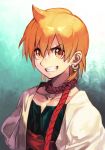  1boy ali_baba_saluja blonde_hair choker cloak collarbone earrings hankuri jewelry looking_at_viewer magi_the_labyrinth_of_magic male_focus open_mouth red_neckwear shirt simple_background smile solo yellow_eyes 